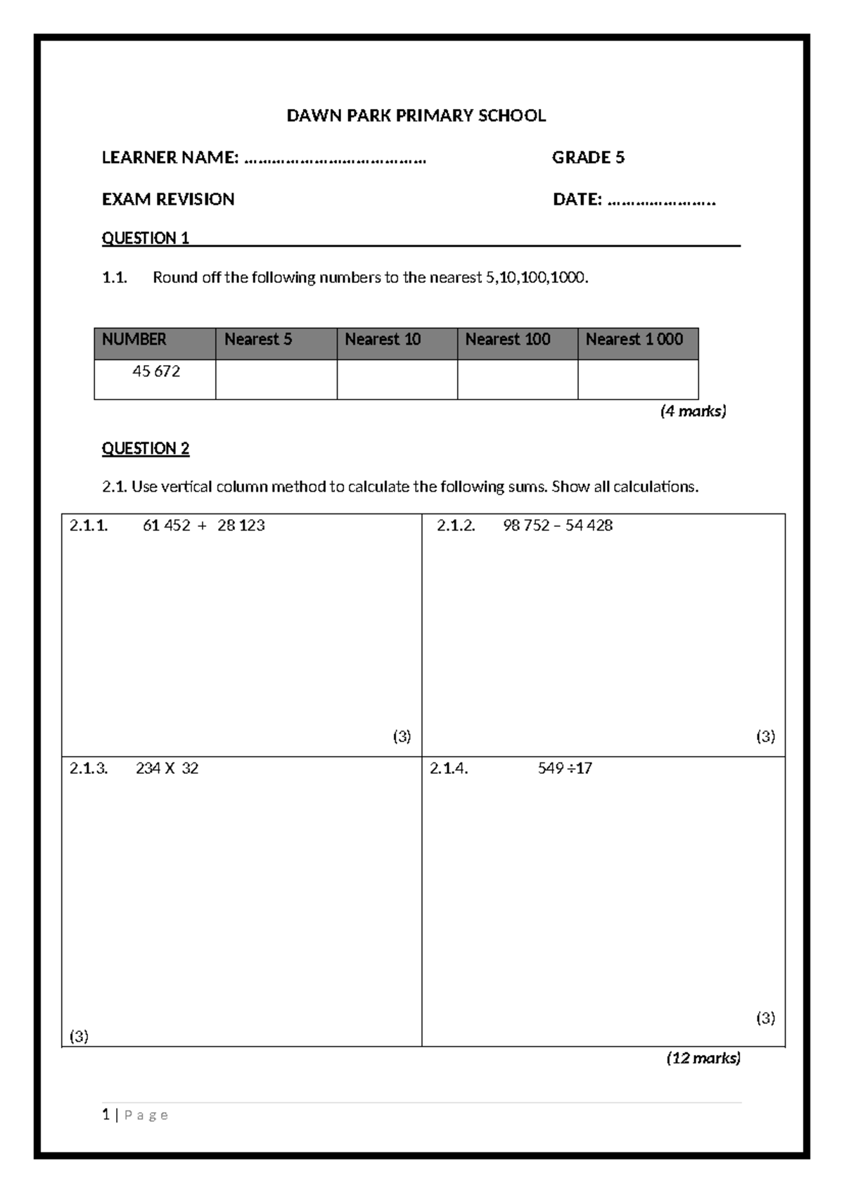 JUNE EXAM 2025 GRADE 5 MATH REVISION QUESTIONS & SOLUTIONS - Studocu