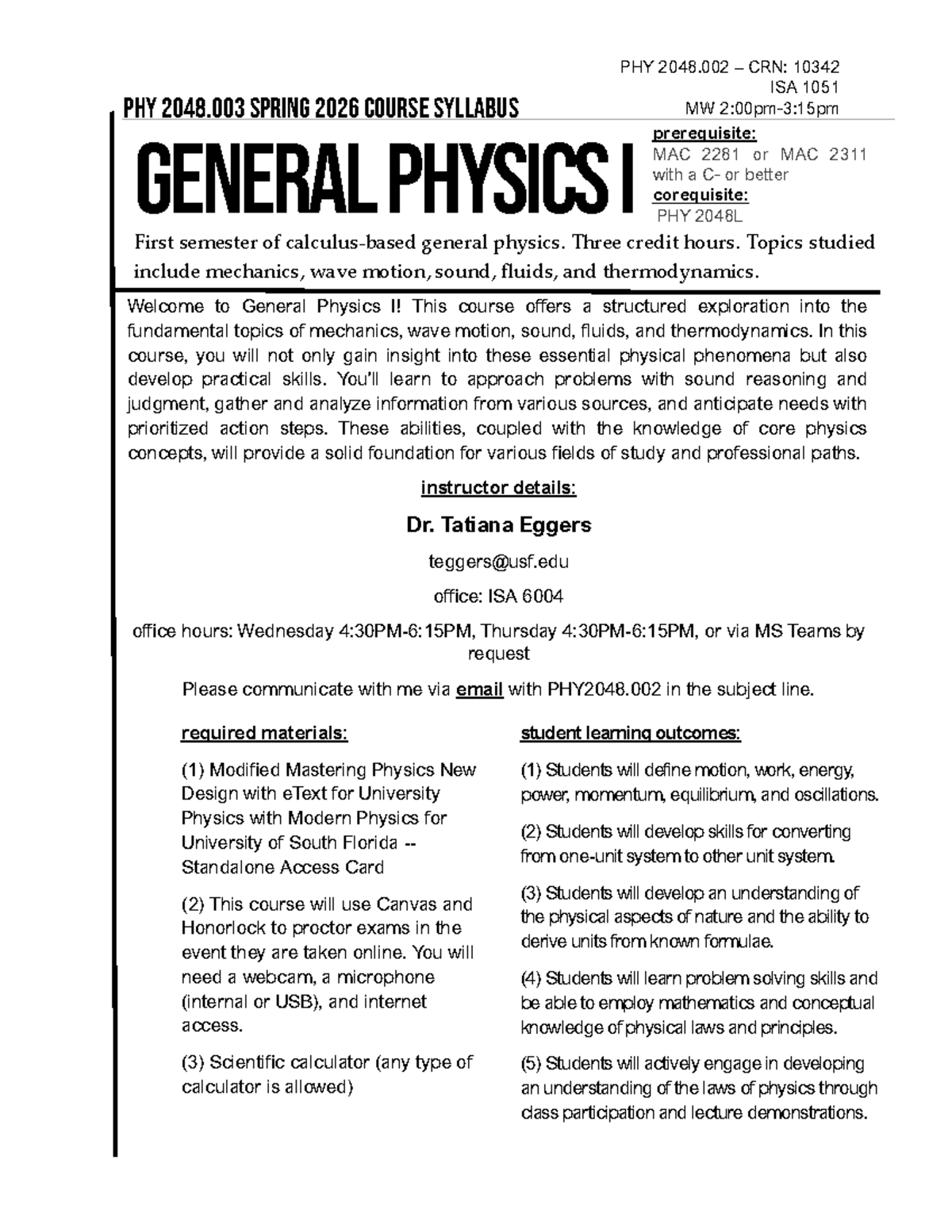 Syllabus for General Physics I (PHY 2048.002) - Spring 2026 - Studocu