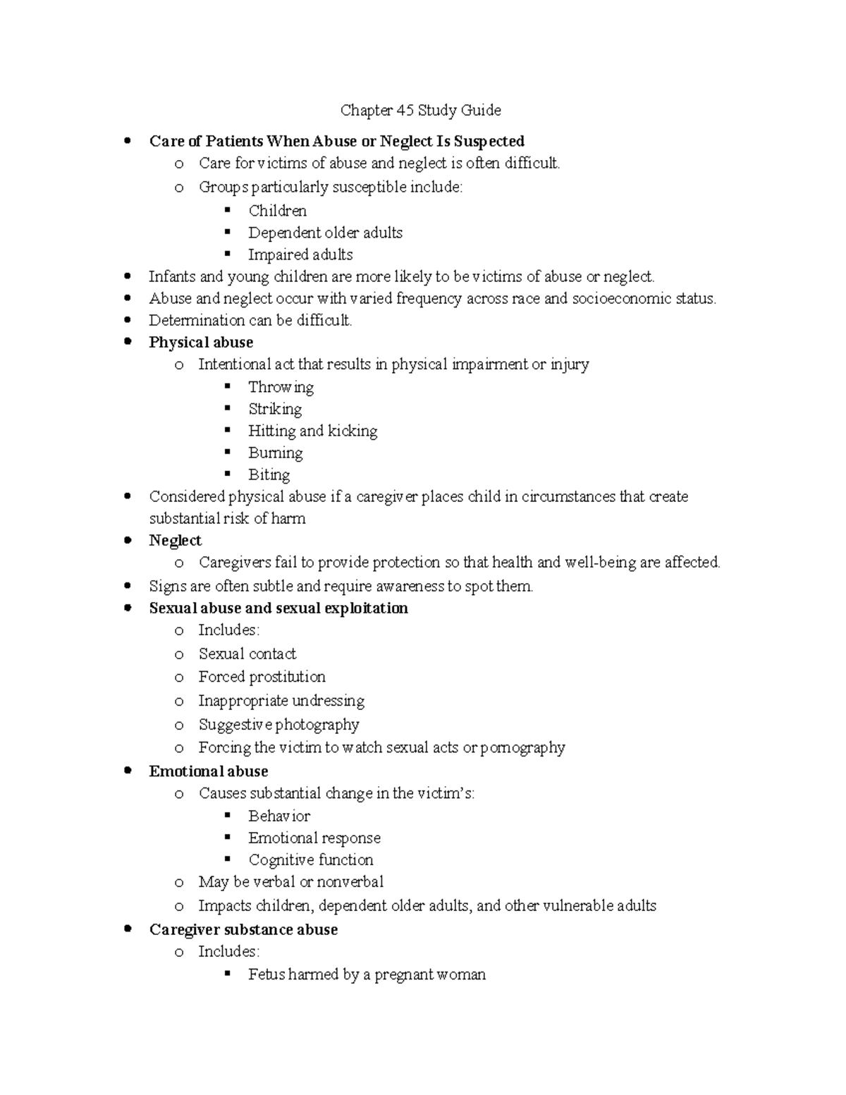Chapter 45: Study Guide on Care for Abuse, Neglect, and Related ...