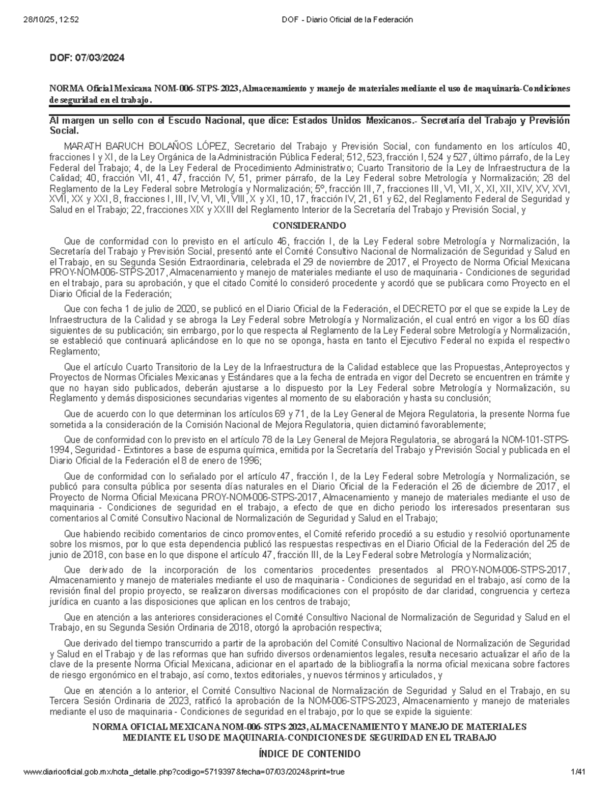NOM 006 STPS 2023 - Almacenamiento y Manejo de Materiales en el Trabajo ...