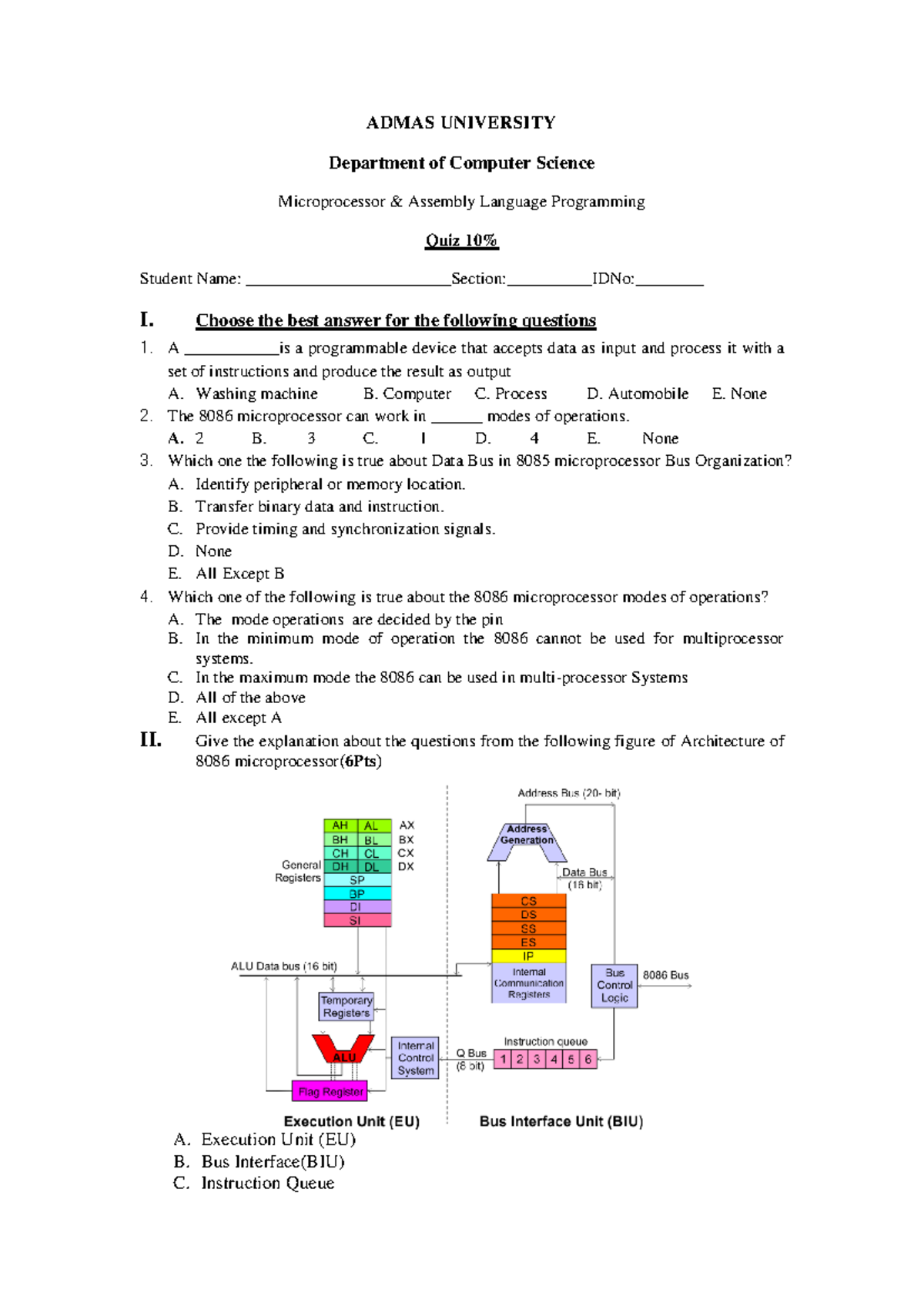 Microprocessor & Assembly Language Programming Quiz 1 - ADMAS Univ ...