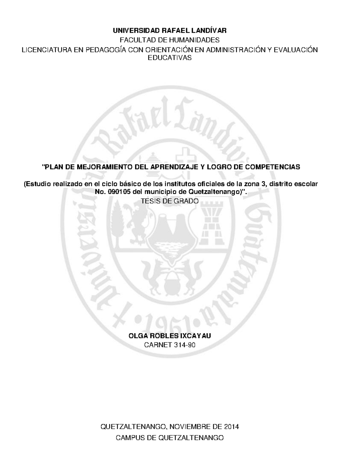 TÍTULO DE TESIS DE GRADO: PLAN DE MEJORAMIENTO DEL APRENDIZAJE EN ZONA ...