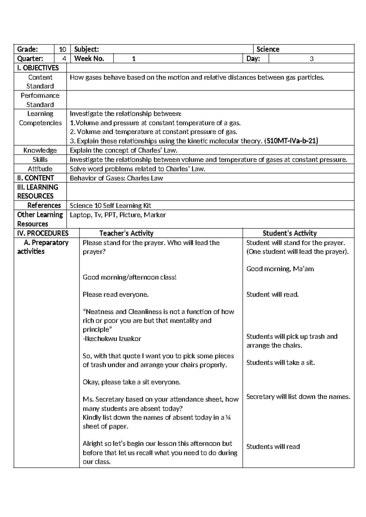Grade 10 Science Q4-W1-D3: Understanding Charles' Law and Gas Behavior ...