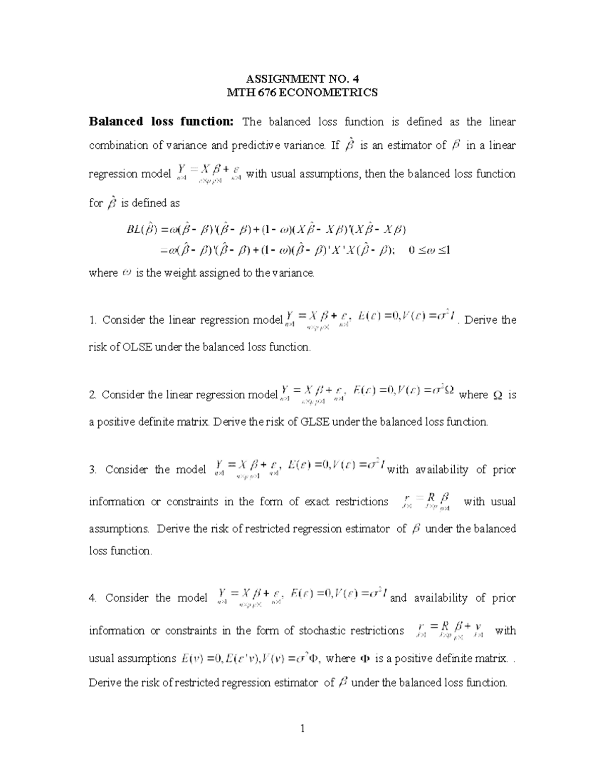 Balanced Loss Function Analysis in MTH 676 Assignment 4 - Studocu