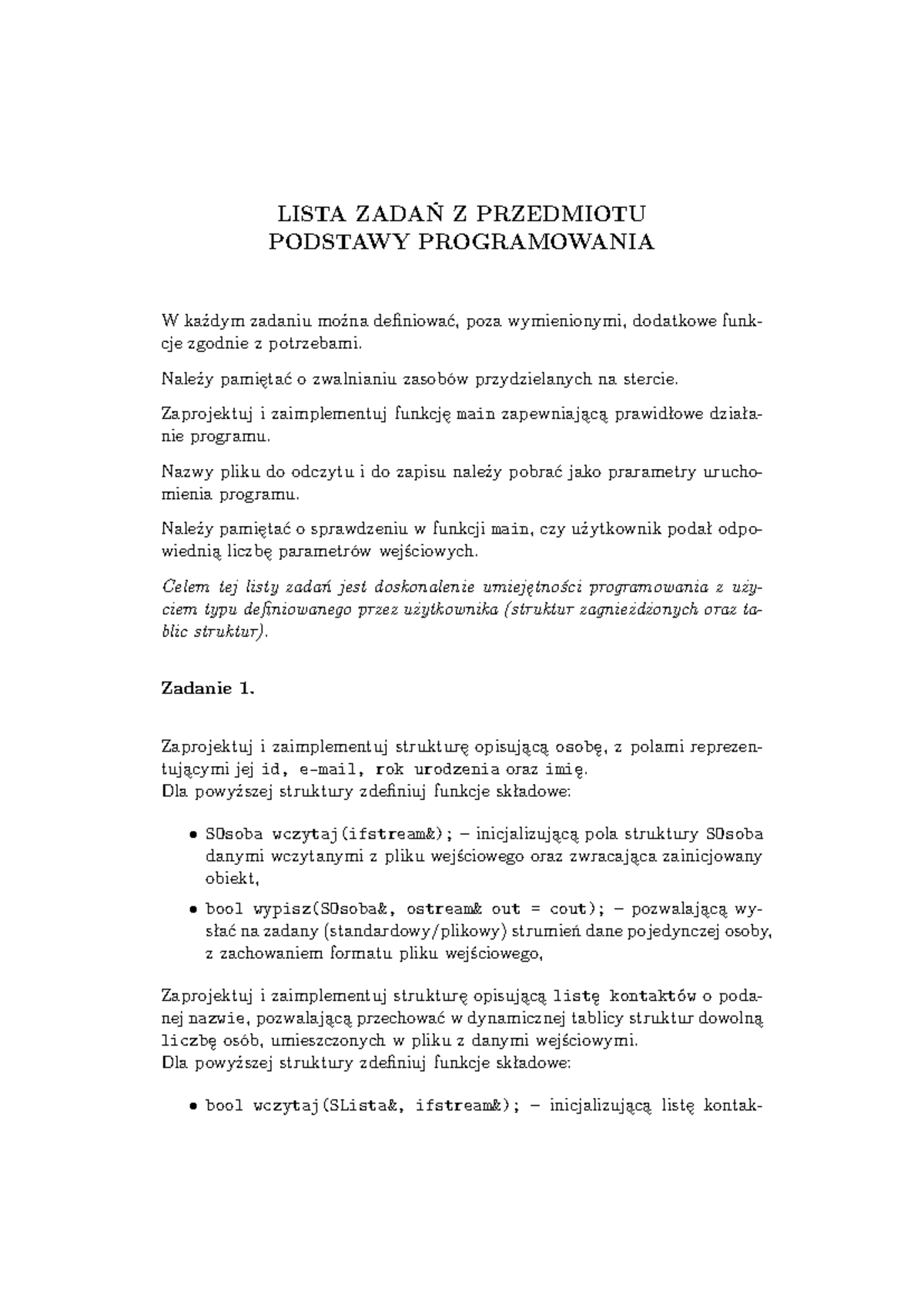 Lista zadań z przedmiotu Podstawy Programowania 2023/2024 - Studocu