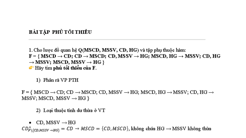BÀI TẬP PHỦ TỐI THIỂU 1: Tìm Phủ Tối Thiểu Của Tập Phụ Thuộc F - Document Preview