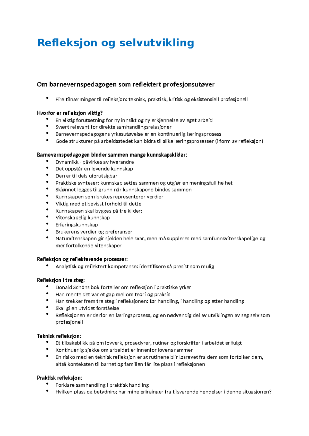 Refleksjon og selvutvikling i barnevernspedagogikk: En analyse - Studocu