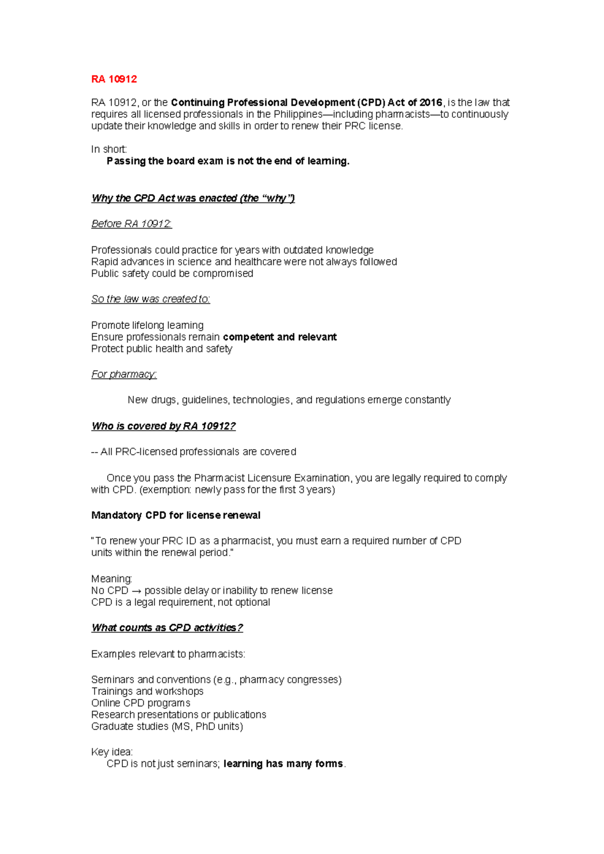 RA 10912 - CPD Act of 2016: Essential Lecture Notes for Professionals ...