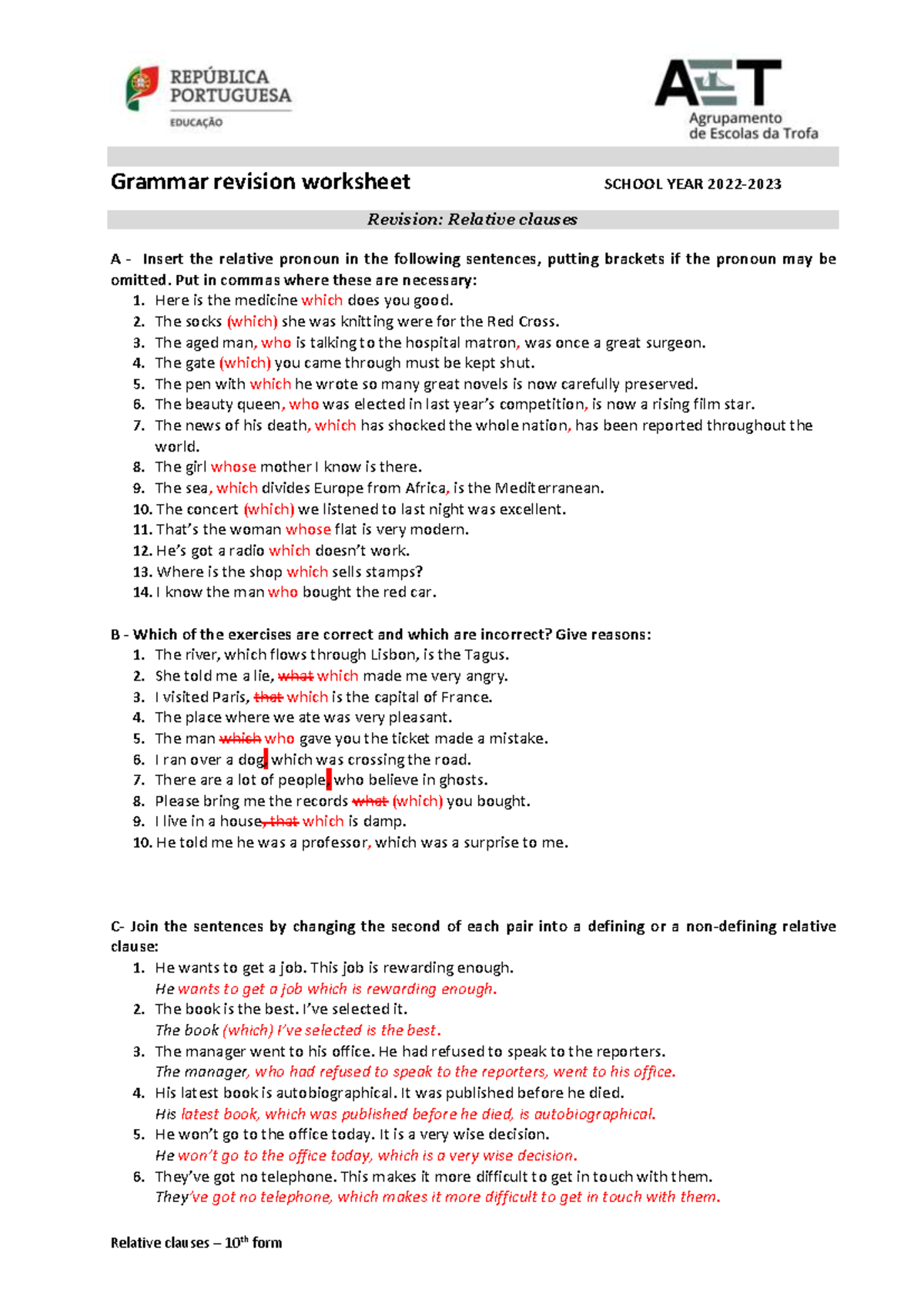 Solutions - Revision Worksheet on Relative Clauses - 10th Form - Studocu