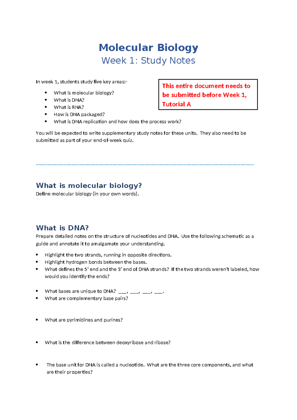 Molecular Biology 101: Week 1 Study Notes and Key Concepts - Studocu