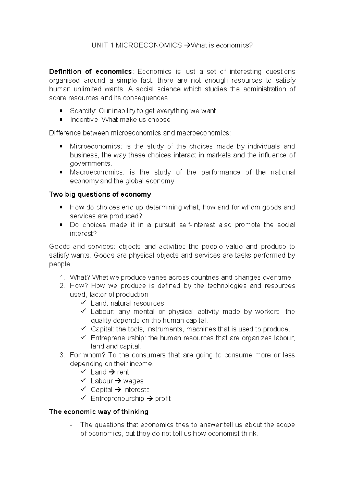 UNIT 1 Microeconomics - Key Concepts and Definitions - Studocu