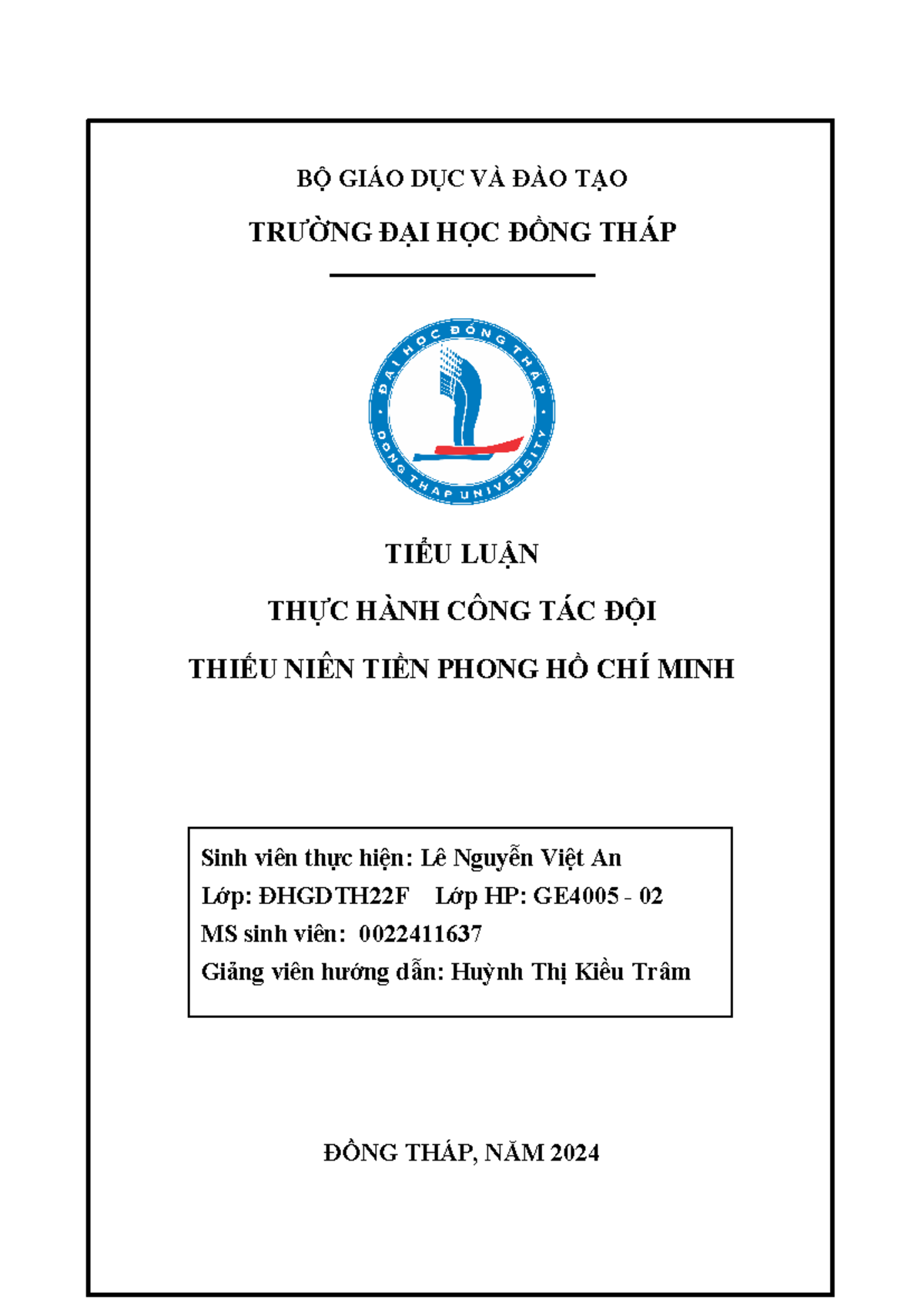 Thực hành công tác đội - LNVA - GE4005 - Tiểu luận 2024 - Studocu
