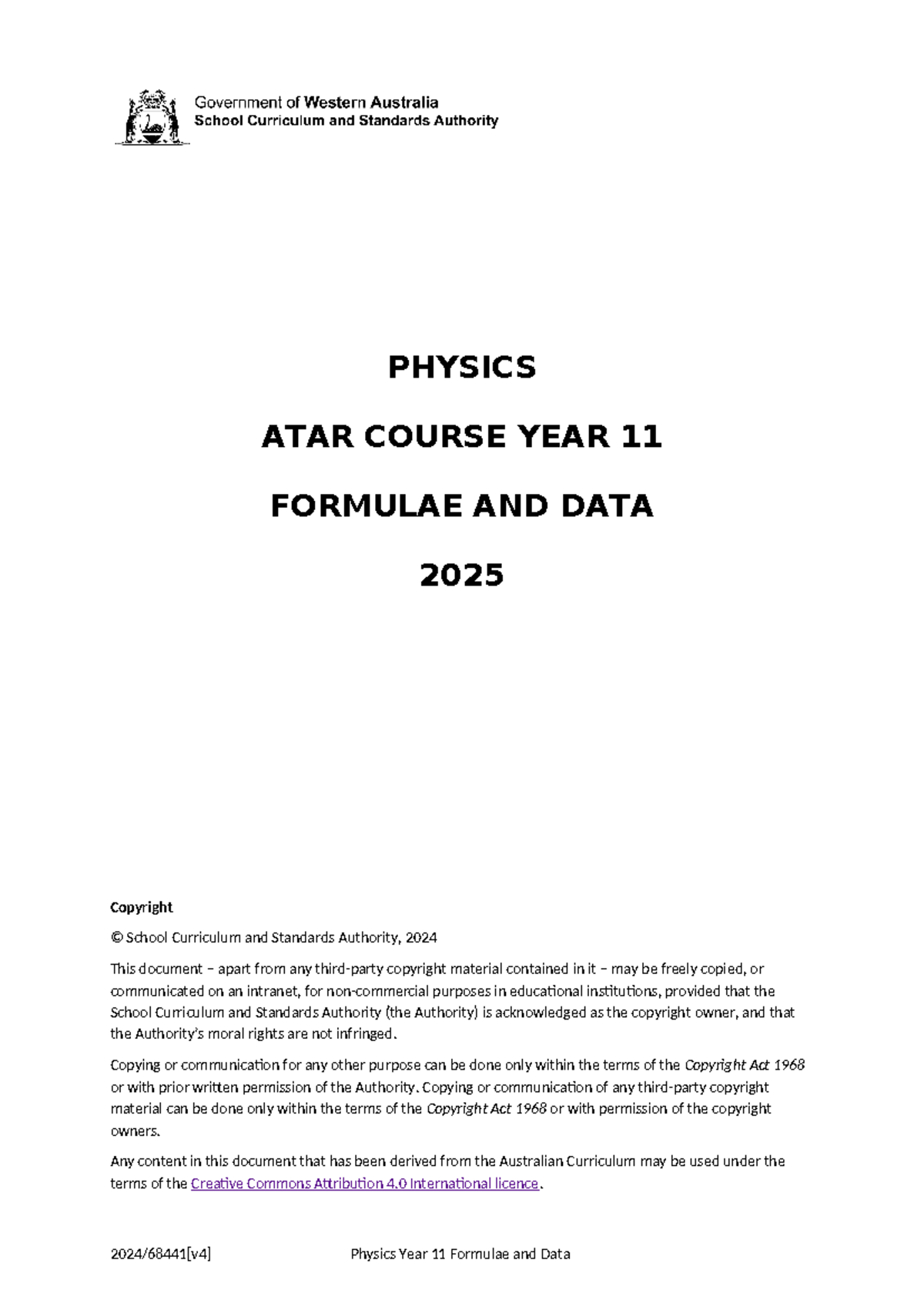 PHYSICS ATAR Y11 FORMULAE & DATA SHEET 2025 - Studocu