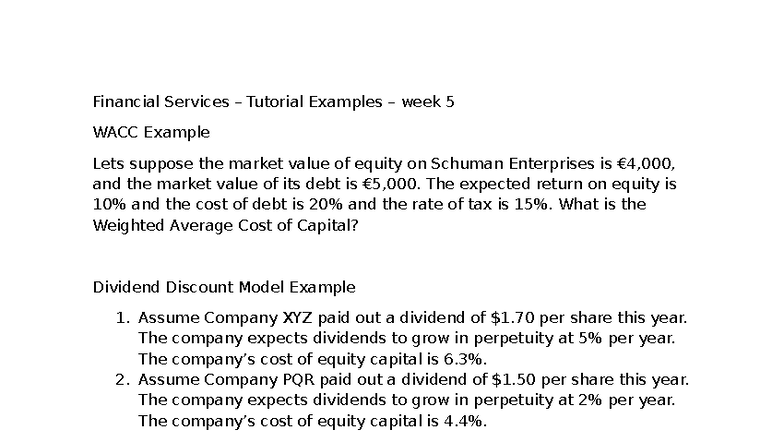 Financial Services Tutorial Examples: Week 5 WACC & CAPM Calculations ...