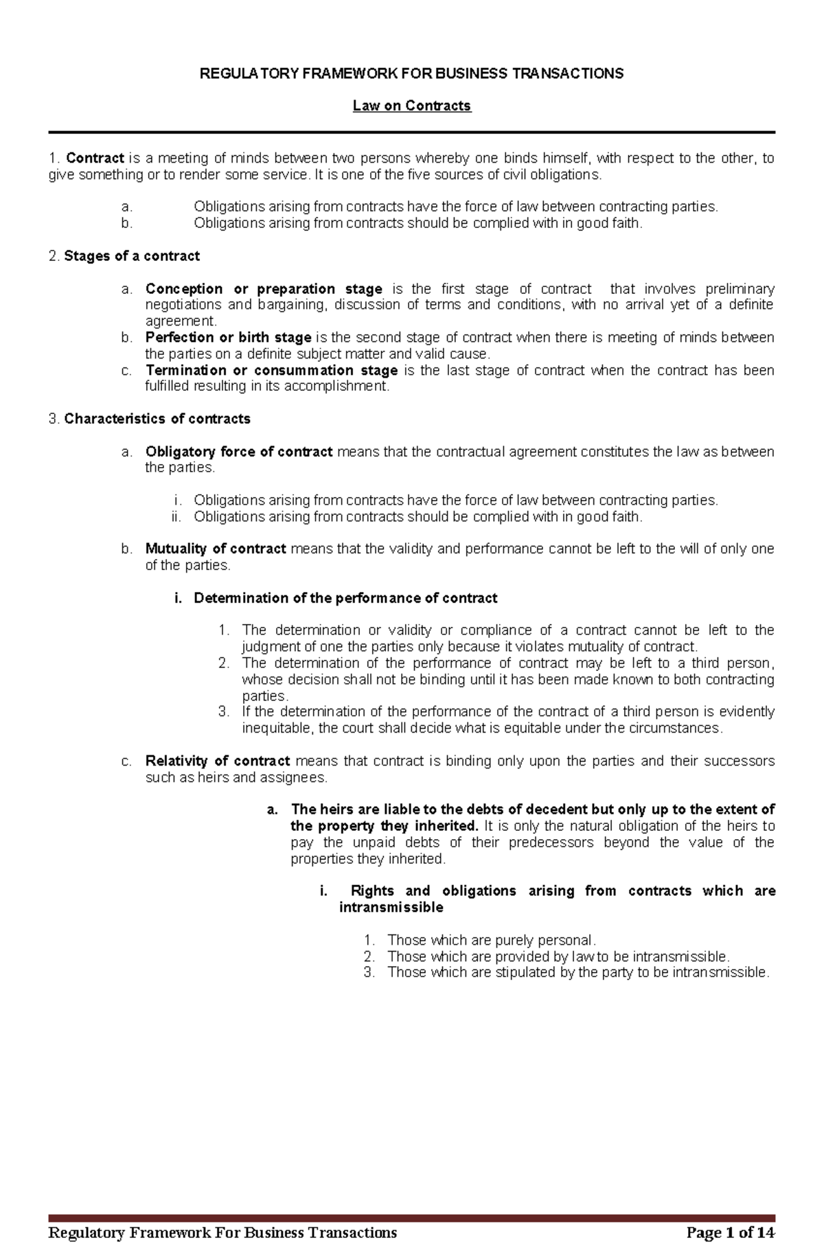 Law on Contracts 1: Regulatory Framework for Business Transactions ...