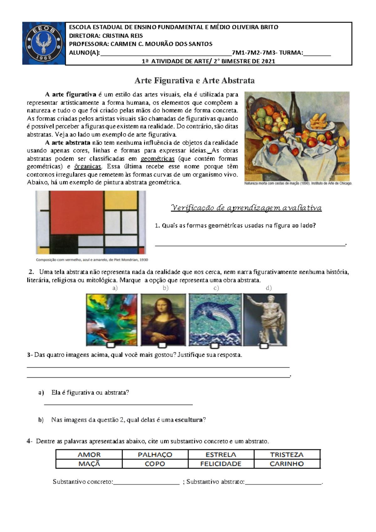 Atividade de Arte - 7° Ano - 2° Bimestre - Arte Figurativa e Abstrata ...