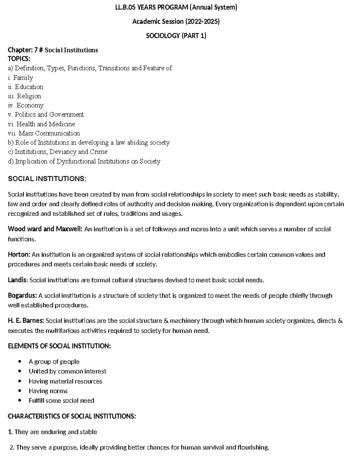 Sociology 101: Comprehensive Notes on Social Institutions (Ch. 7) - Studocu
