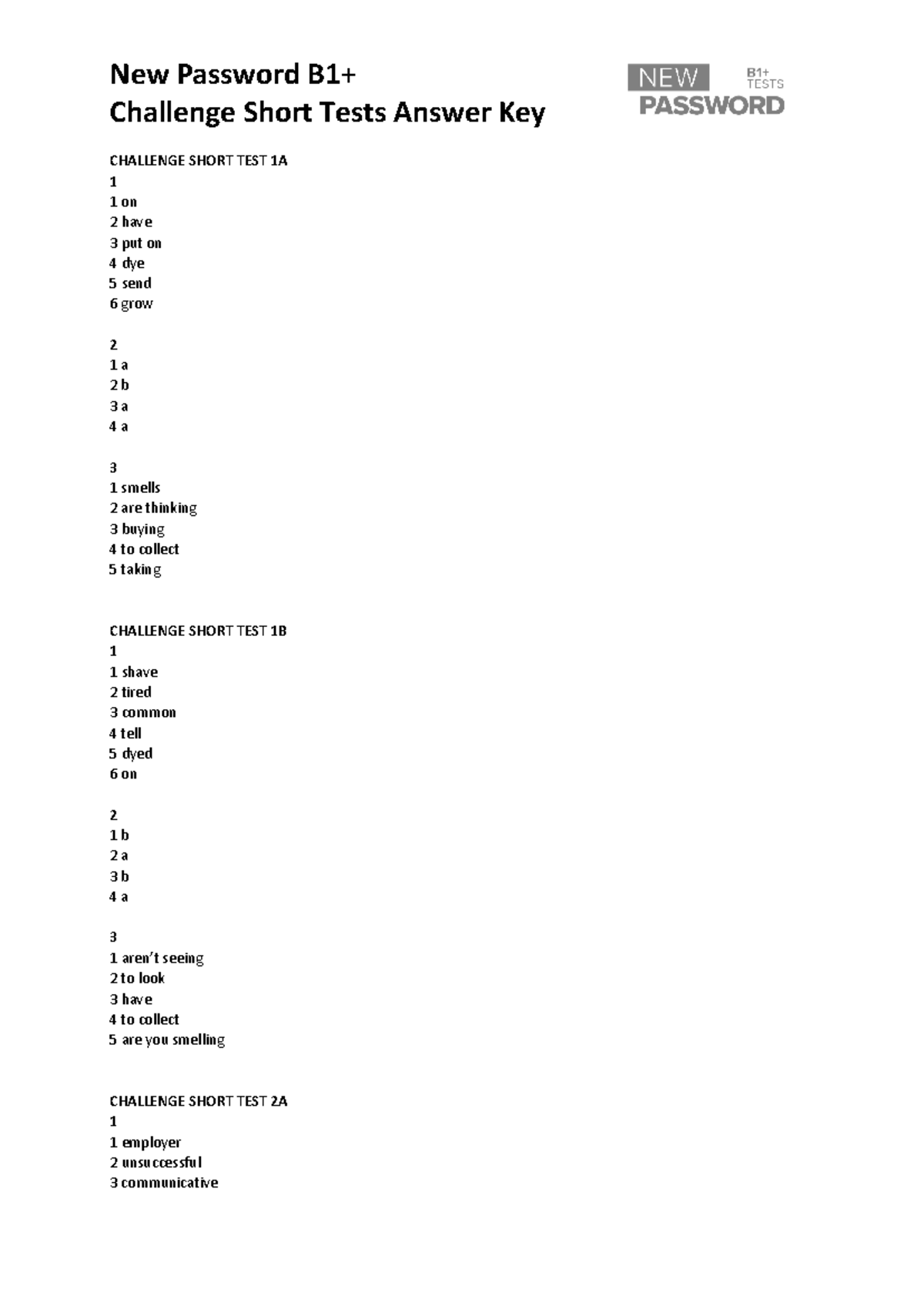 New Password B1+ CST Answer Key: Challenge Short Tests Summary - Studocu