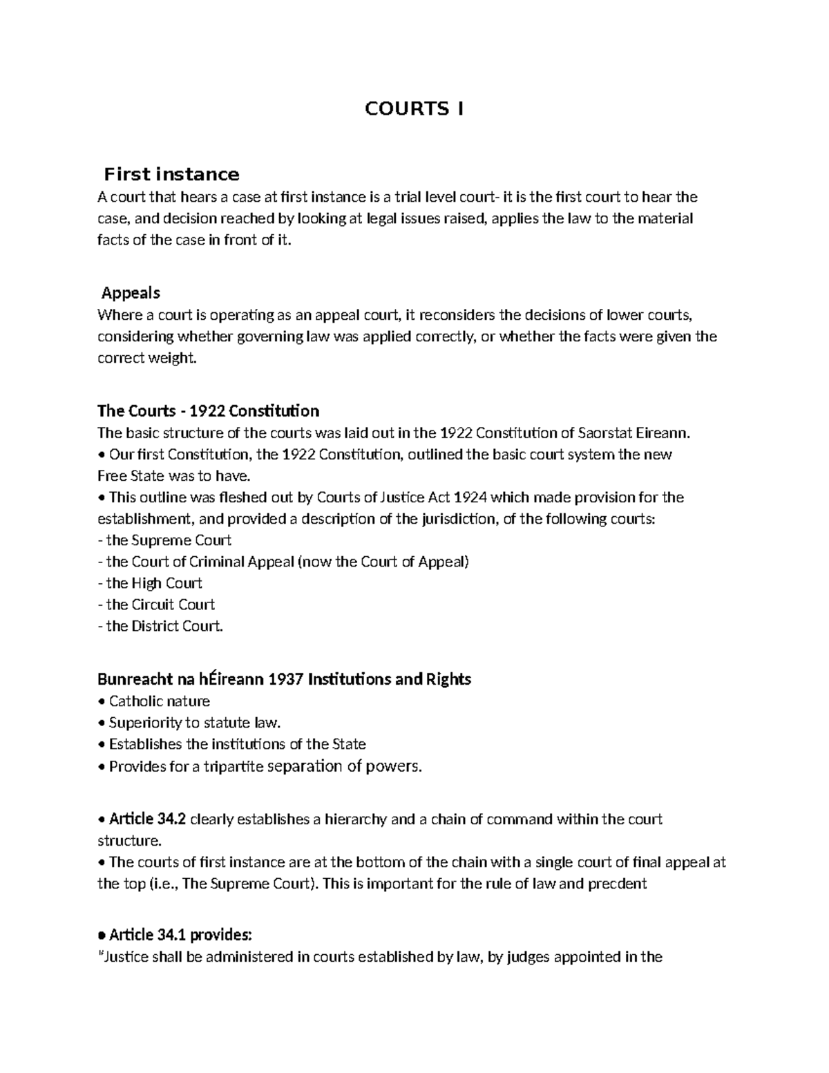 Lecture 7 - Notes on irish court system - COURTS I First instance A ...