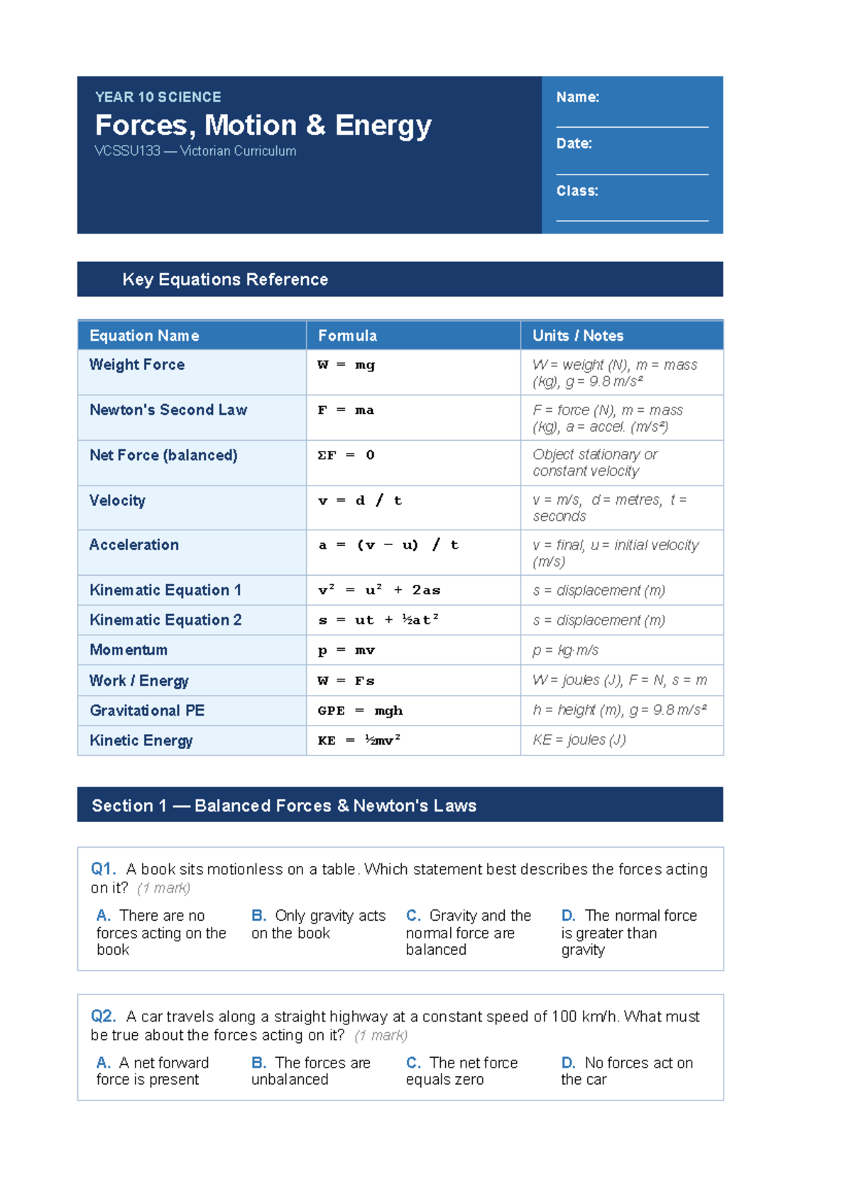 Year 10 Science VCSSU133: Forces and Motion Worksheet - Studocu