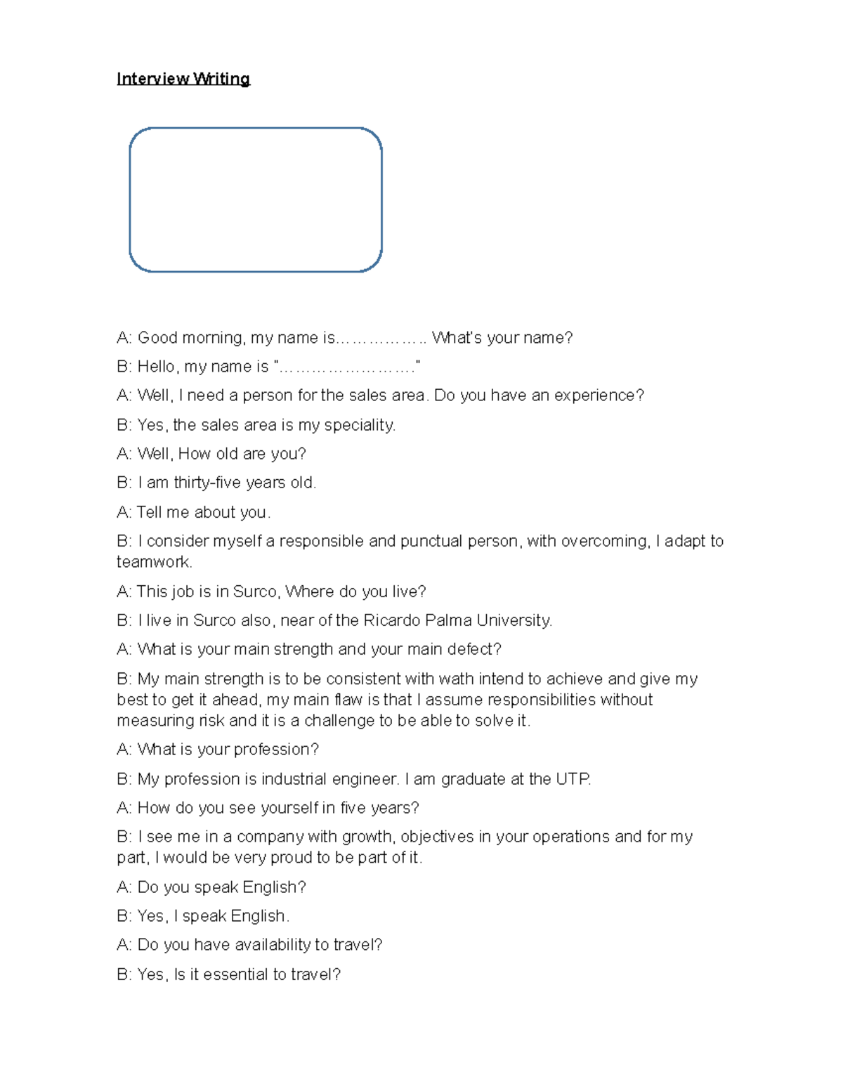 Interview Writing,del curso de ingles 2. Entrevista - Interview Writing ...