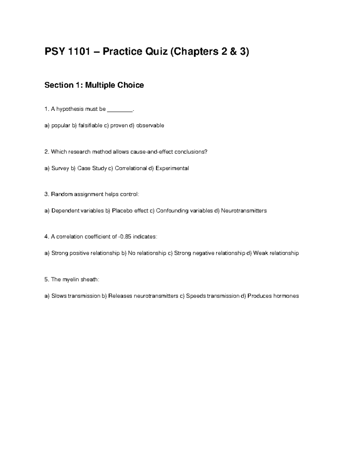 PSY 1101 Practice Quiz - Chapters 2 & 3 Overview and Questions - Studocu