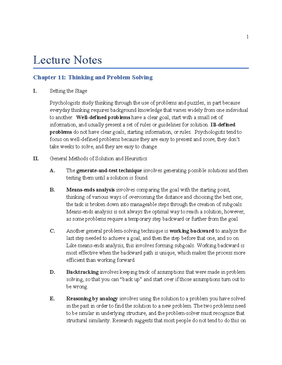 Lecture Notes: Chapter 11 - Thinking and Problem Solving Techniques - 1 ...
