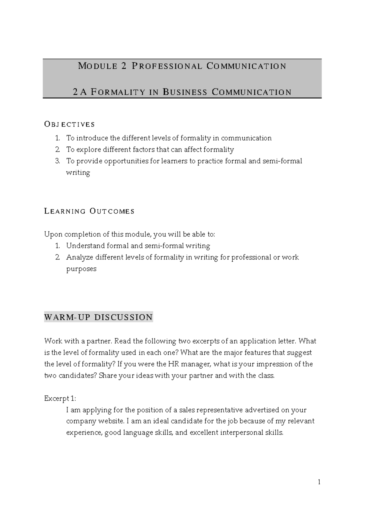 Module 2A: Understanding Formality in Business Communication - Studocu