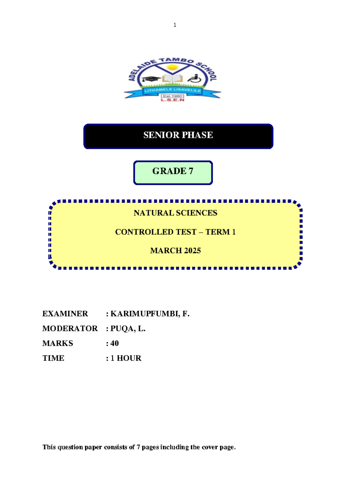 Grade 7 Natural Sciences Controlled Test - Term 1 March 2025 - Studocu