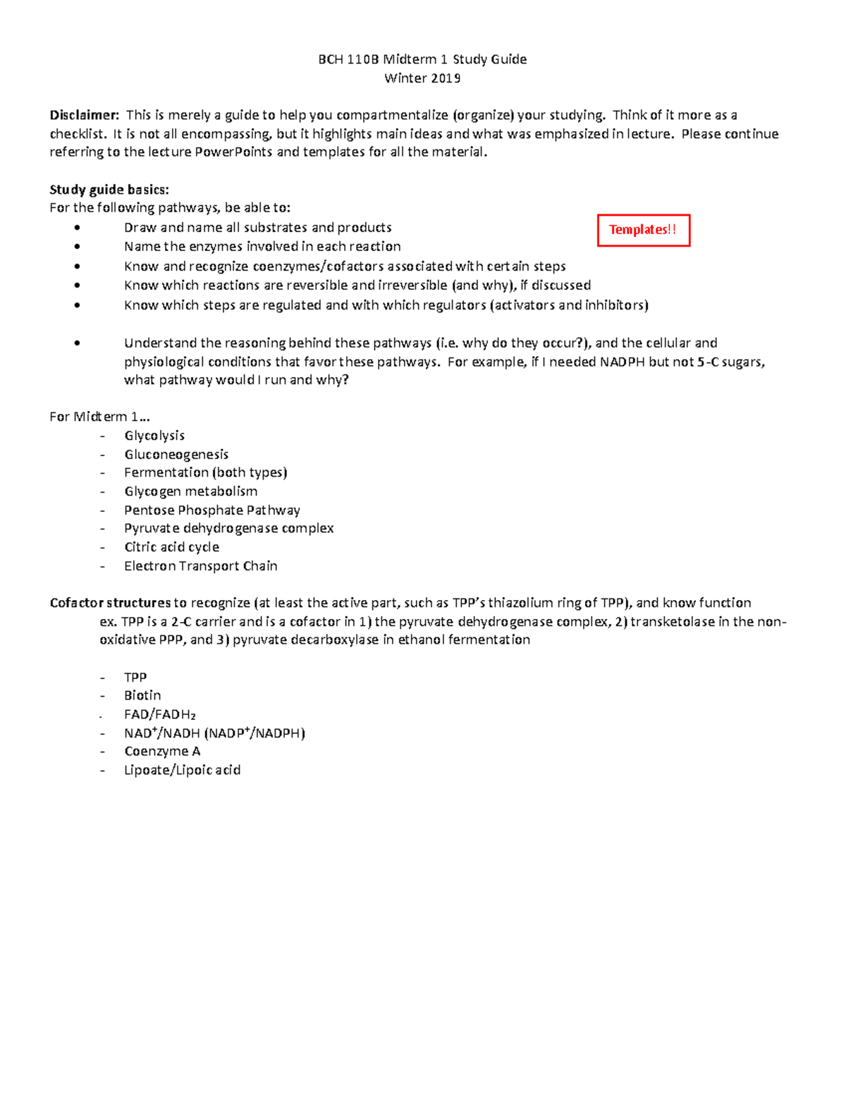BCH 110B Midterm 1 Study Guide - Winter 2019 Overview and Key Concepts ...