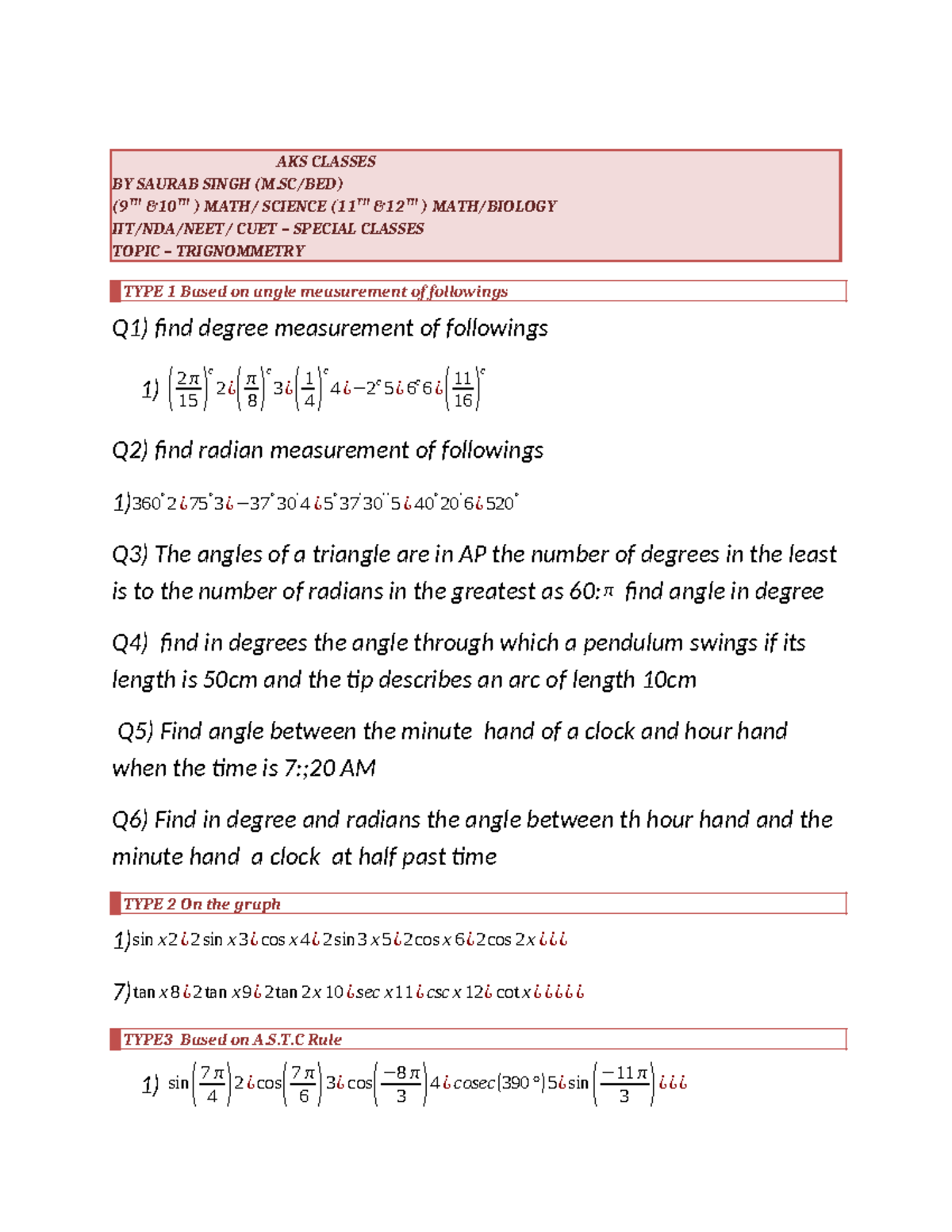 AKS-11-3: Trigonometry Study Material for Class 11 - Studocu