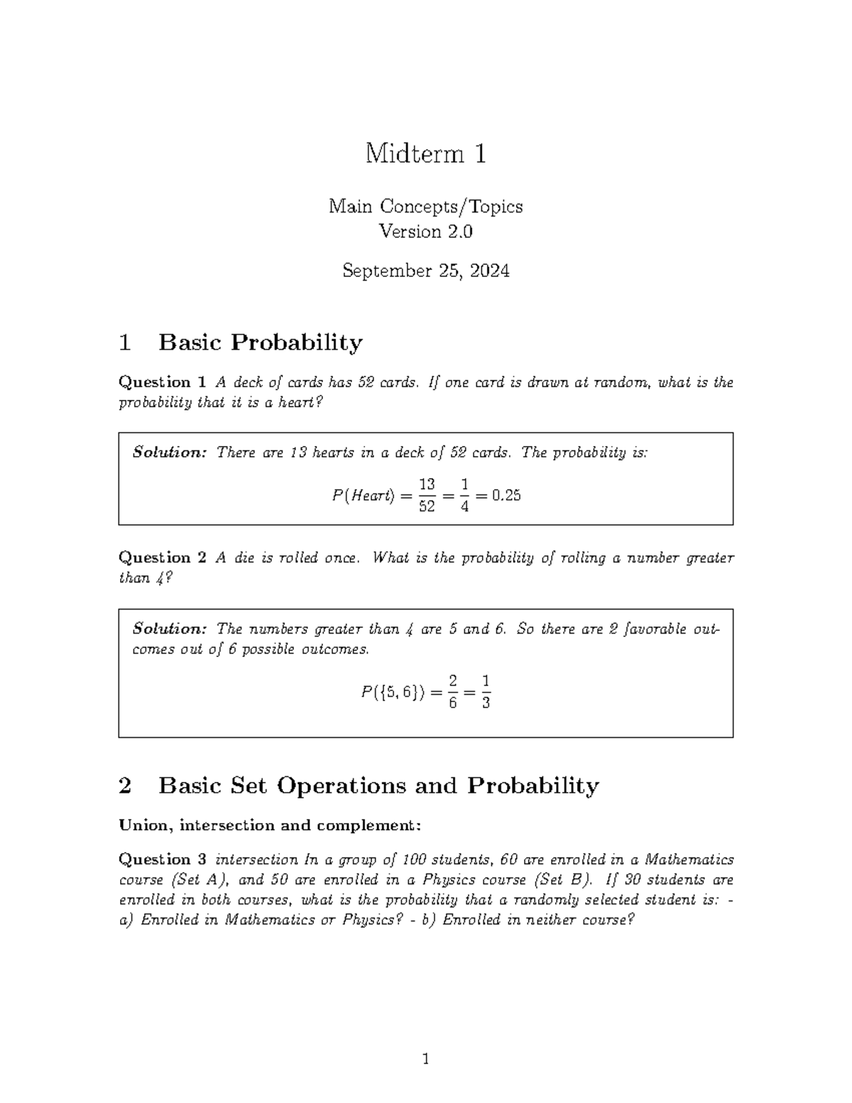 Midterm 1 Probability Concepts - Practice Exam Answer Key (Version 2 ...