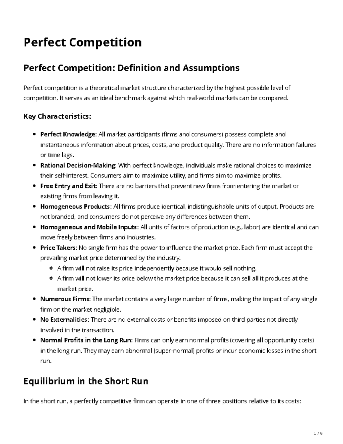 Perfect Competition: Key Characteristics and Equilibrium - Studocu