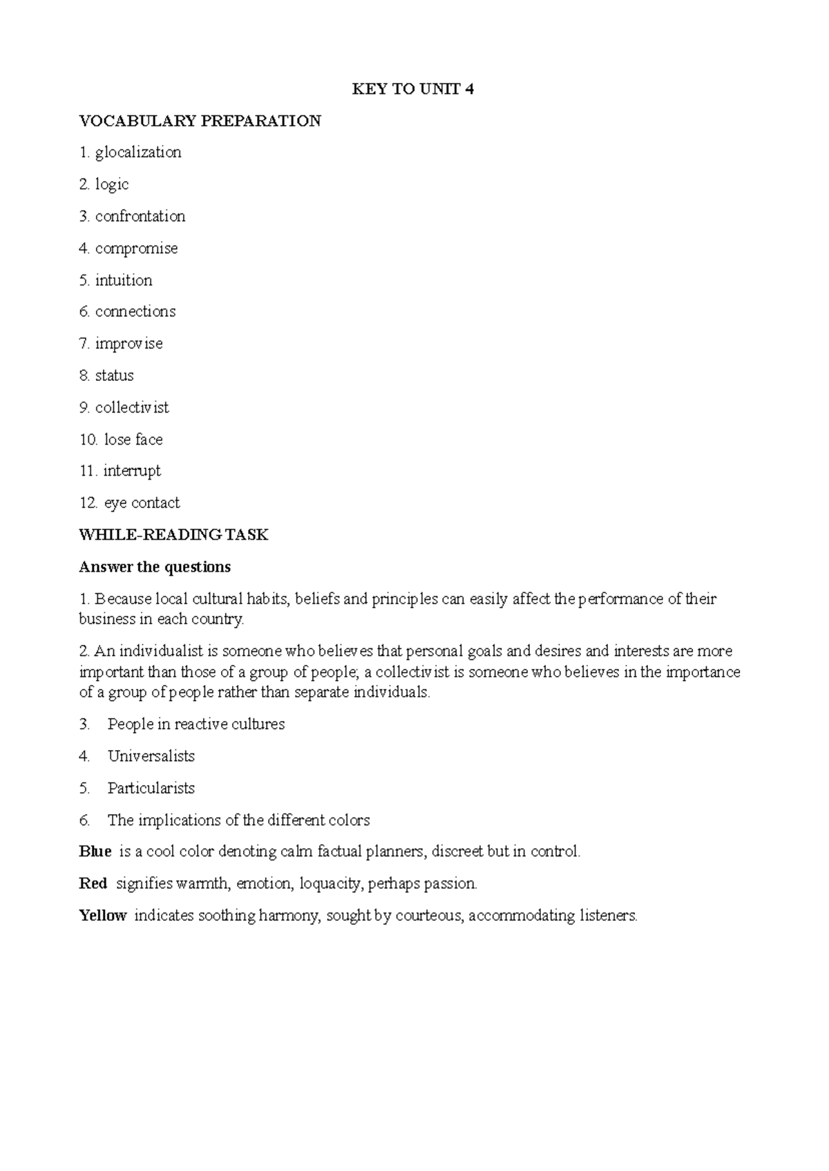KEY TO UNIT 4 - KEY EOU - KEY TO UNIT 4 VOCABULARY PREPARATION ...