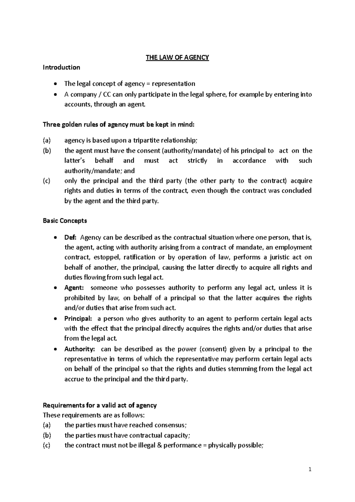 LAW 101: Law of Agency Lecture Notes and Key Concepts - Studocu