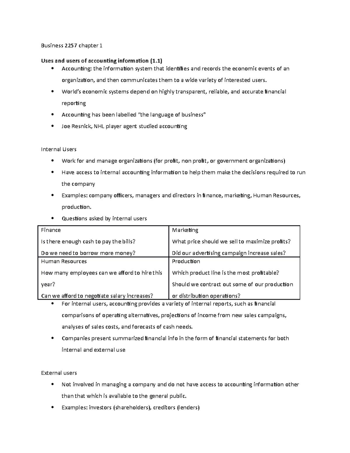 Business 2257: Chapter 1 - Overview of Accounting Information & Uses ...