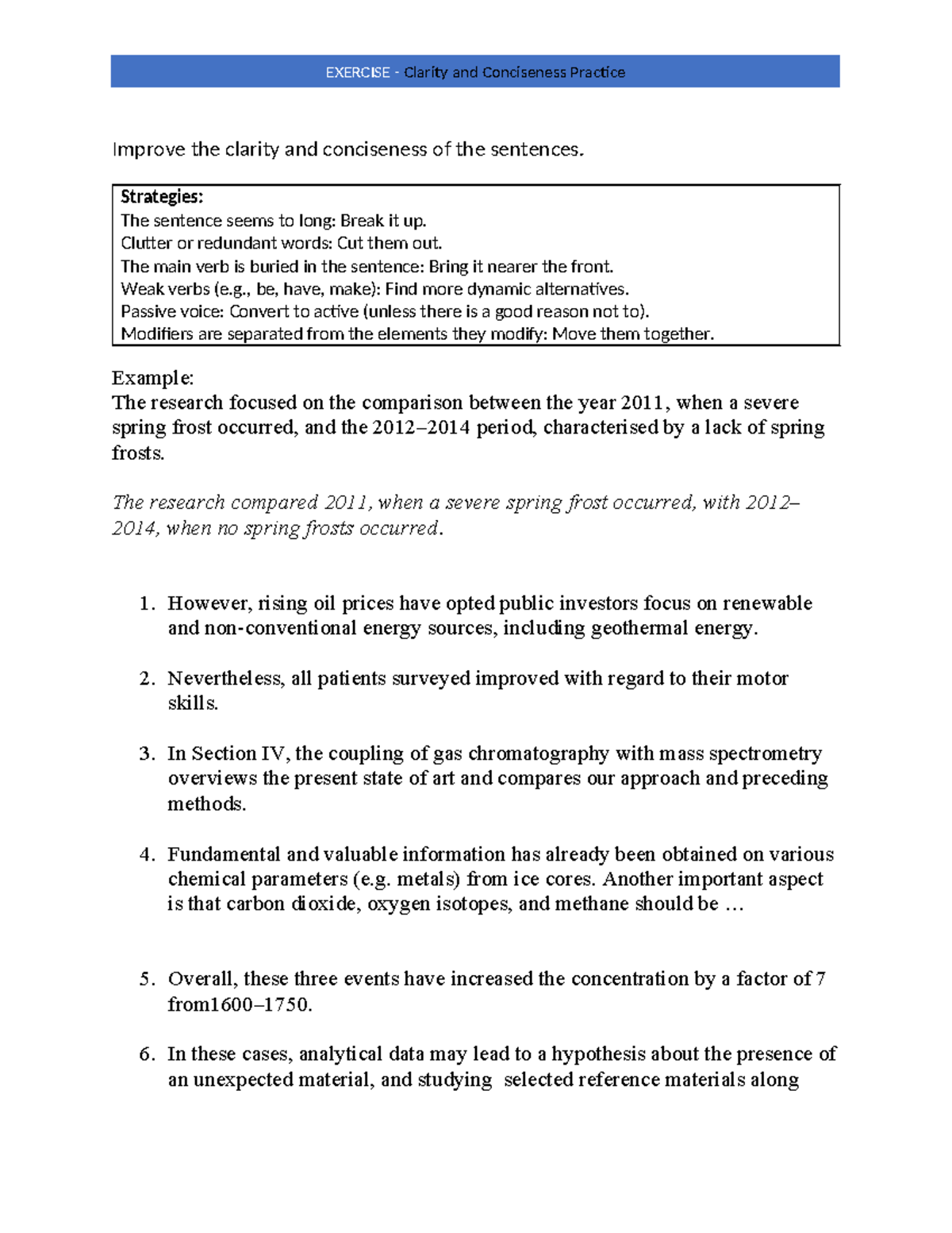 EXERCISE: Clarity and Conciseness Strategies for Writing Improvement ...