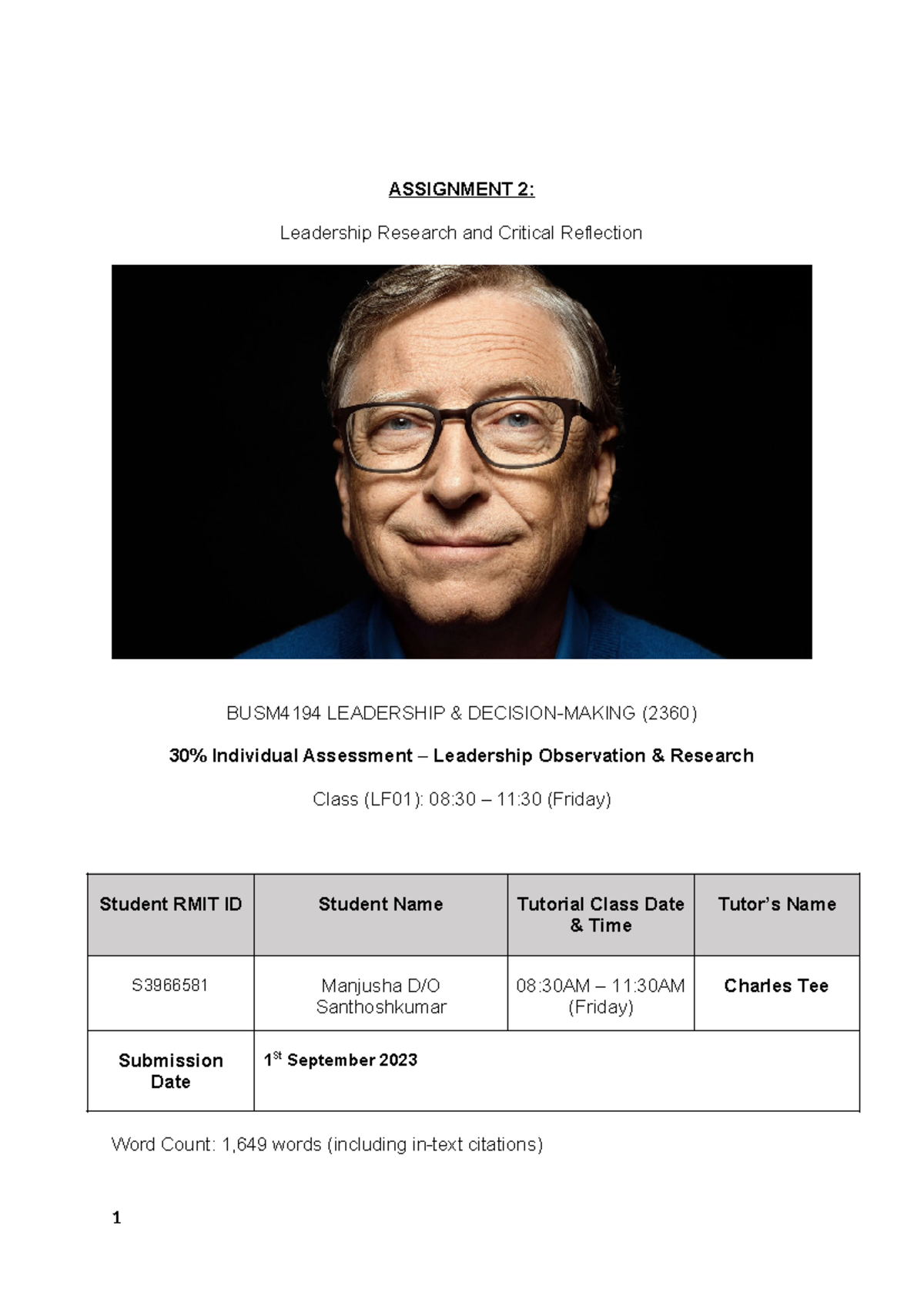 BUSM4194 A2 - Leadership Research & Critical Reflection on Bill Gates ...