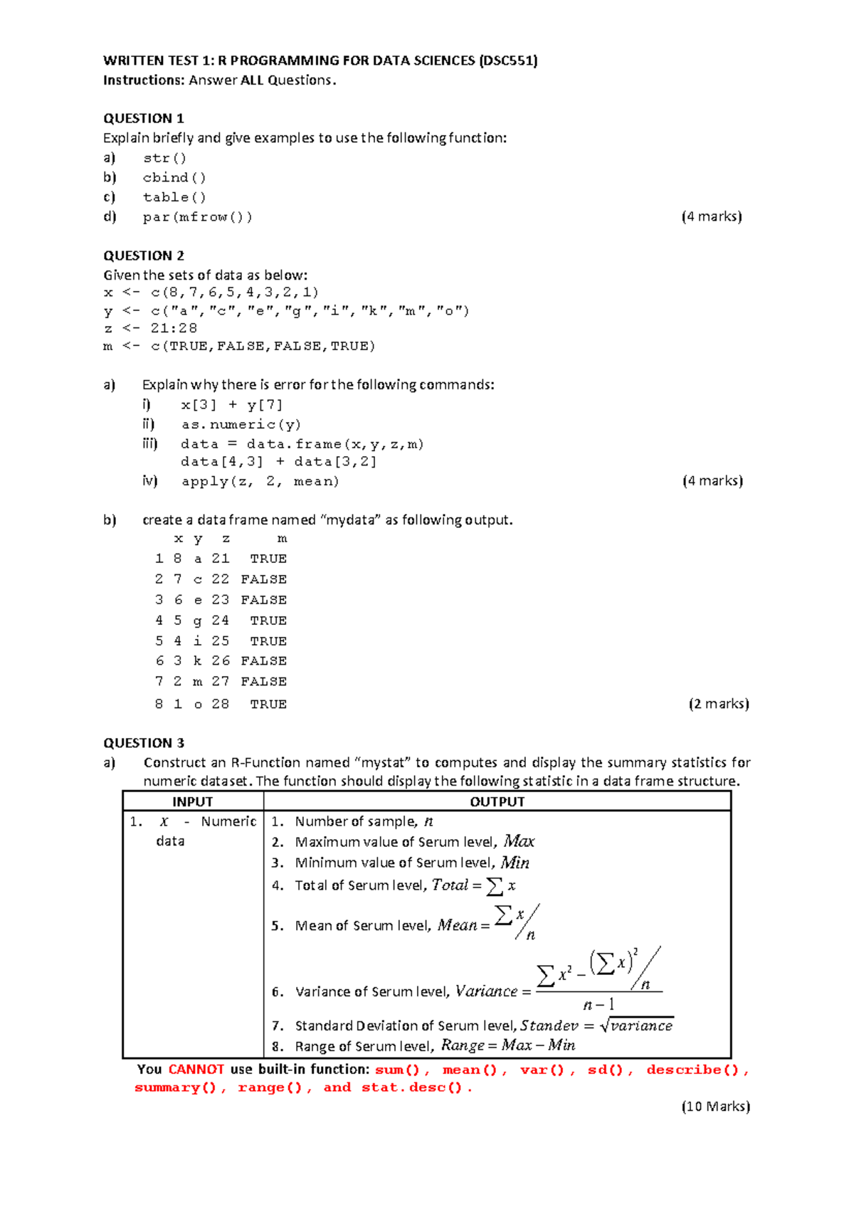 R PROGRAMMING FOR DATA SCIENCES: WRITTEN TEST 1 (DSC551) - Studocu