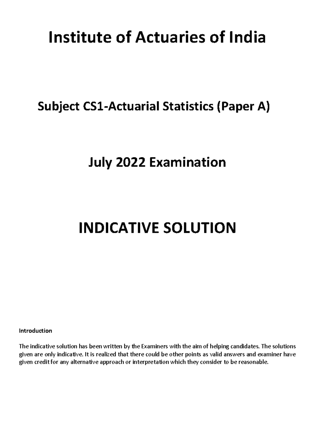 CS1A 0 - Indicative Solutions for Actuarial Exam Material (July 2022 ...