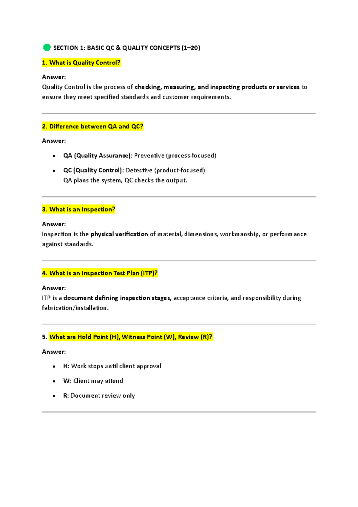 Quality Control (QC) Inspector Interview Questions and Answers - Studocu