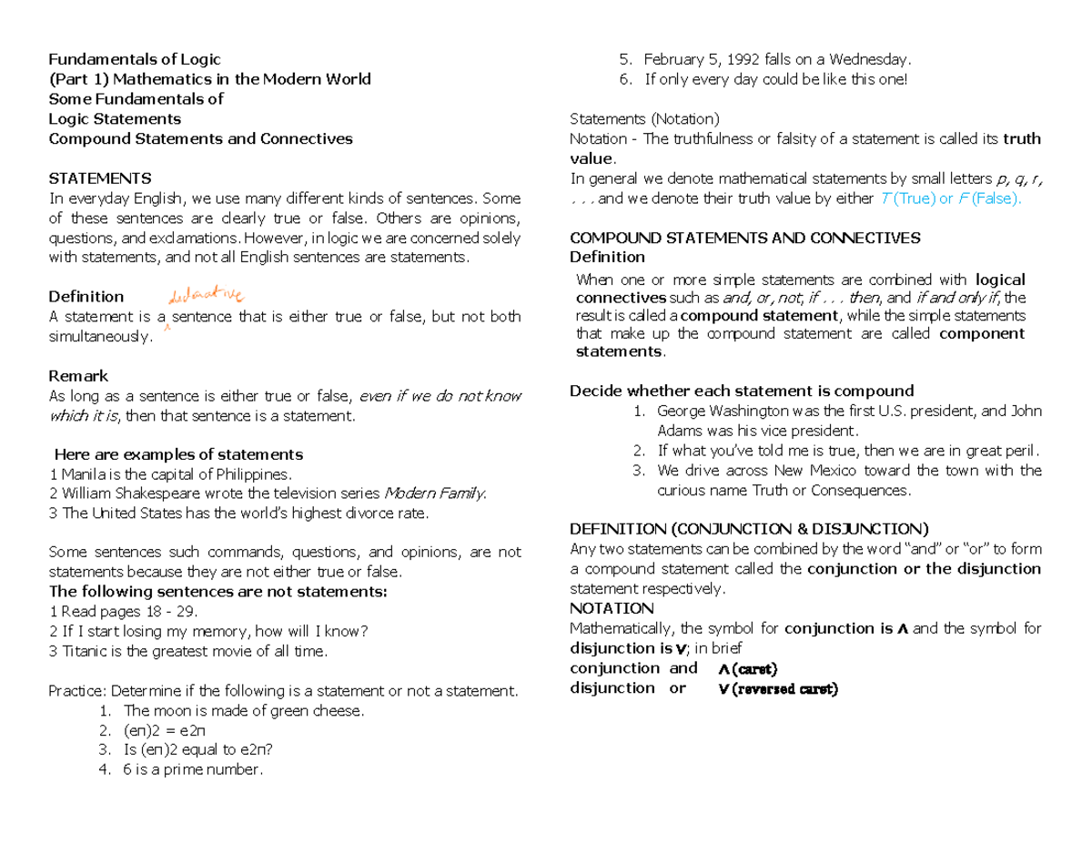 Modmath- Reviewer - Fundamentals of Logic (Part 1) Mathematics in the ...