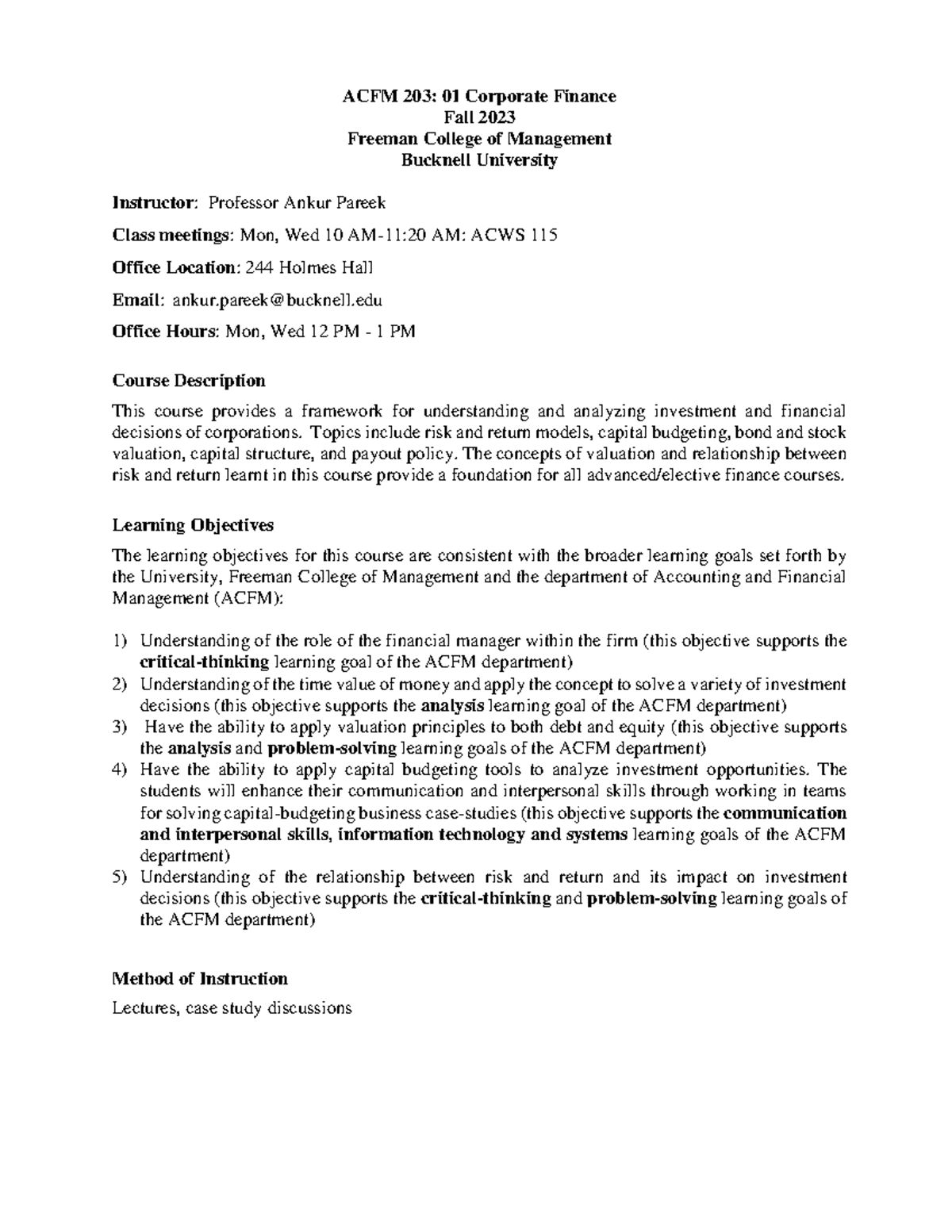 ACFM 203: 01 Fall 2023 Corporate Finance Course Syllabus - Studocu