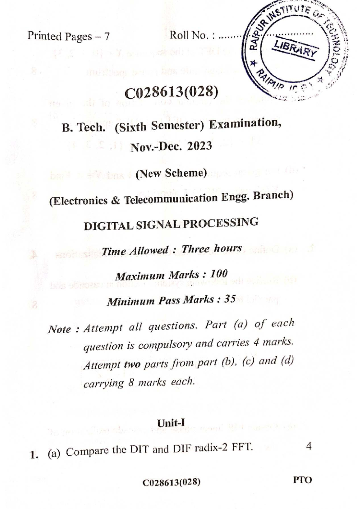 B. Tech C028613(028) Digital Signal Processing Exam Notes 2023 - Studocu