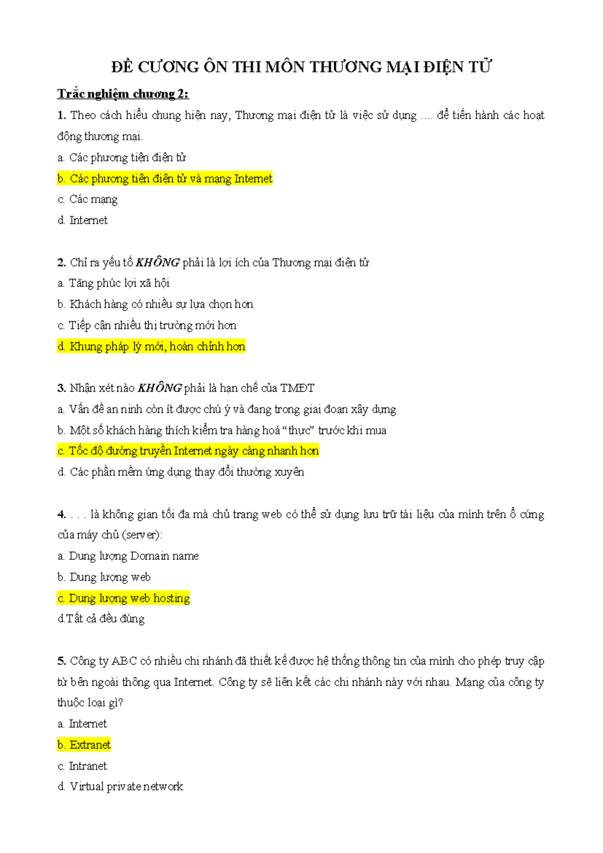 ĐỀ CƯƠNG ÔN THI MÔN THƯƠNG MẠI ĐIỆN TỬ - Trắc nghiệm và Nội dung học tập - Document Preview