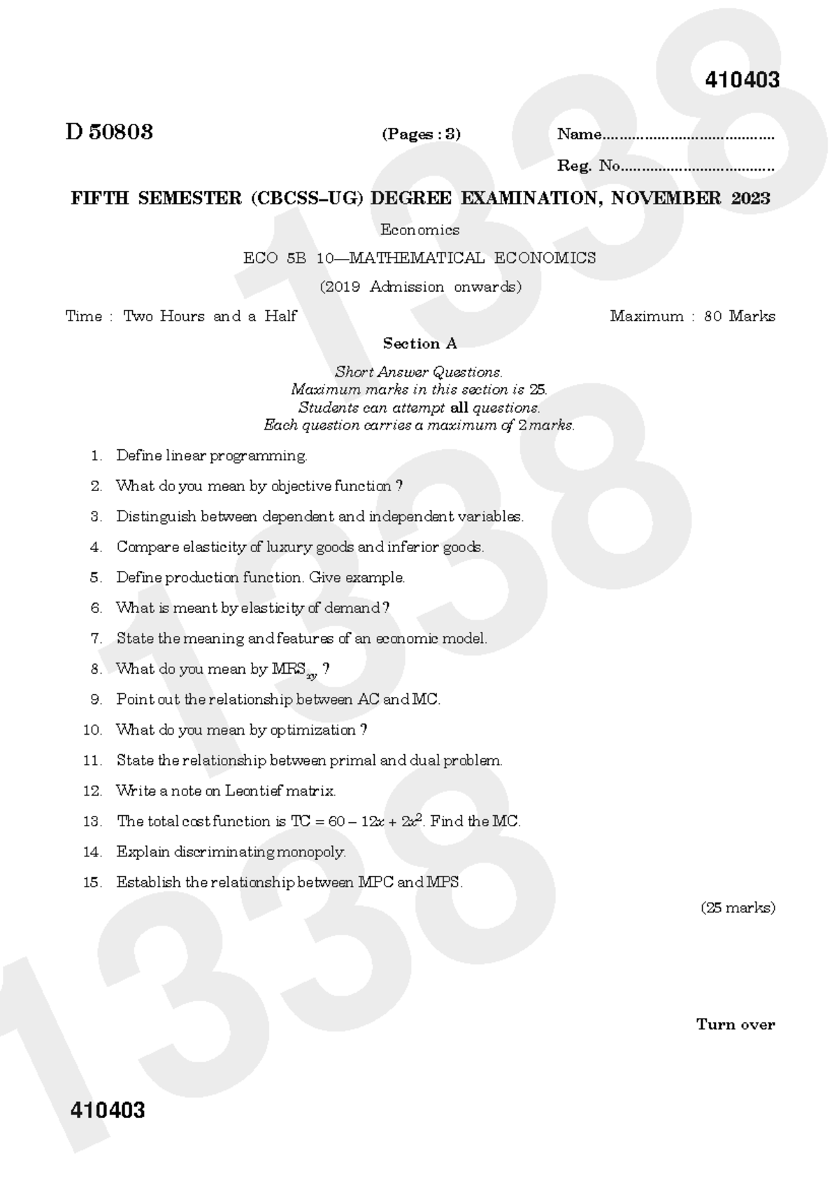 ECO 5B Mathematical Economics - Fifth Semester Exam Nov 2023 - Studocu