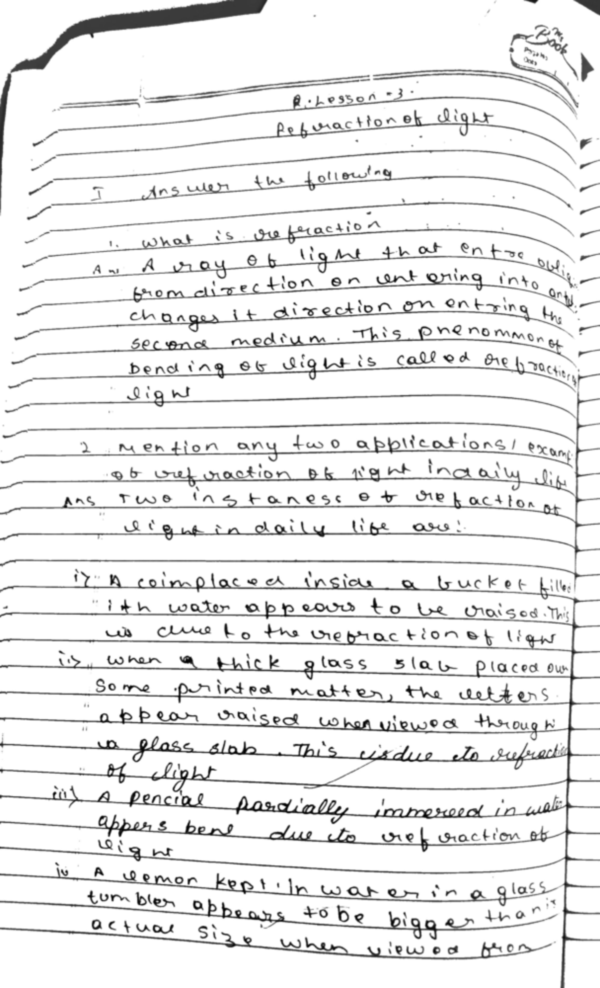 Notes pdf opp - One, R Refraction of light I Answer the following 1 ...