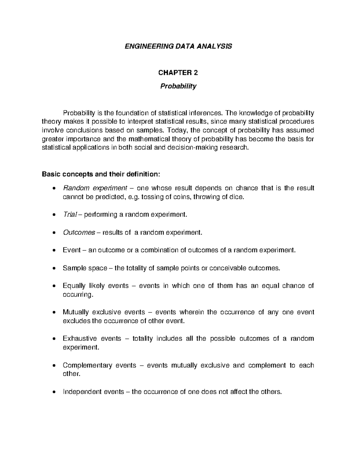 Engineering DATA Analysis (Chapter 2: Probability Concepts) - Studocu
