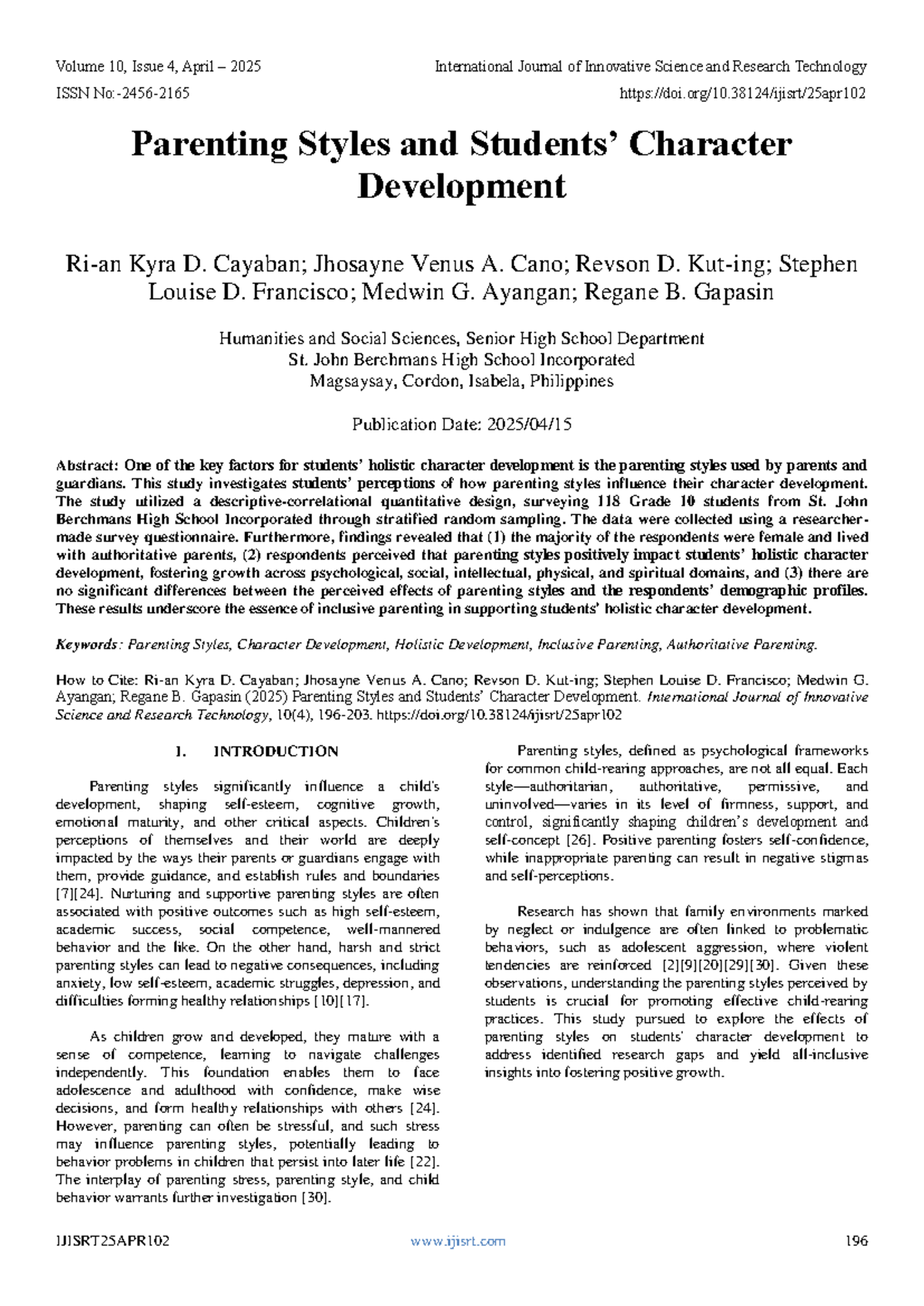 IJISRT25APR102: The Impact of Parenting Styles on Character Development ...