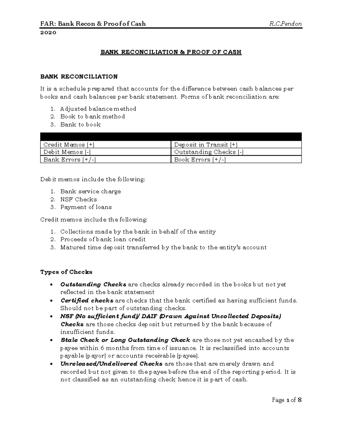 FAR 2020: Bank Reconciliation & Cash Proof Overview - Studocu